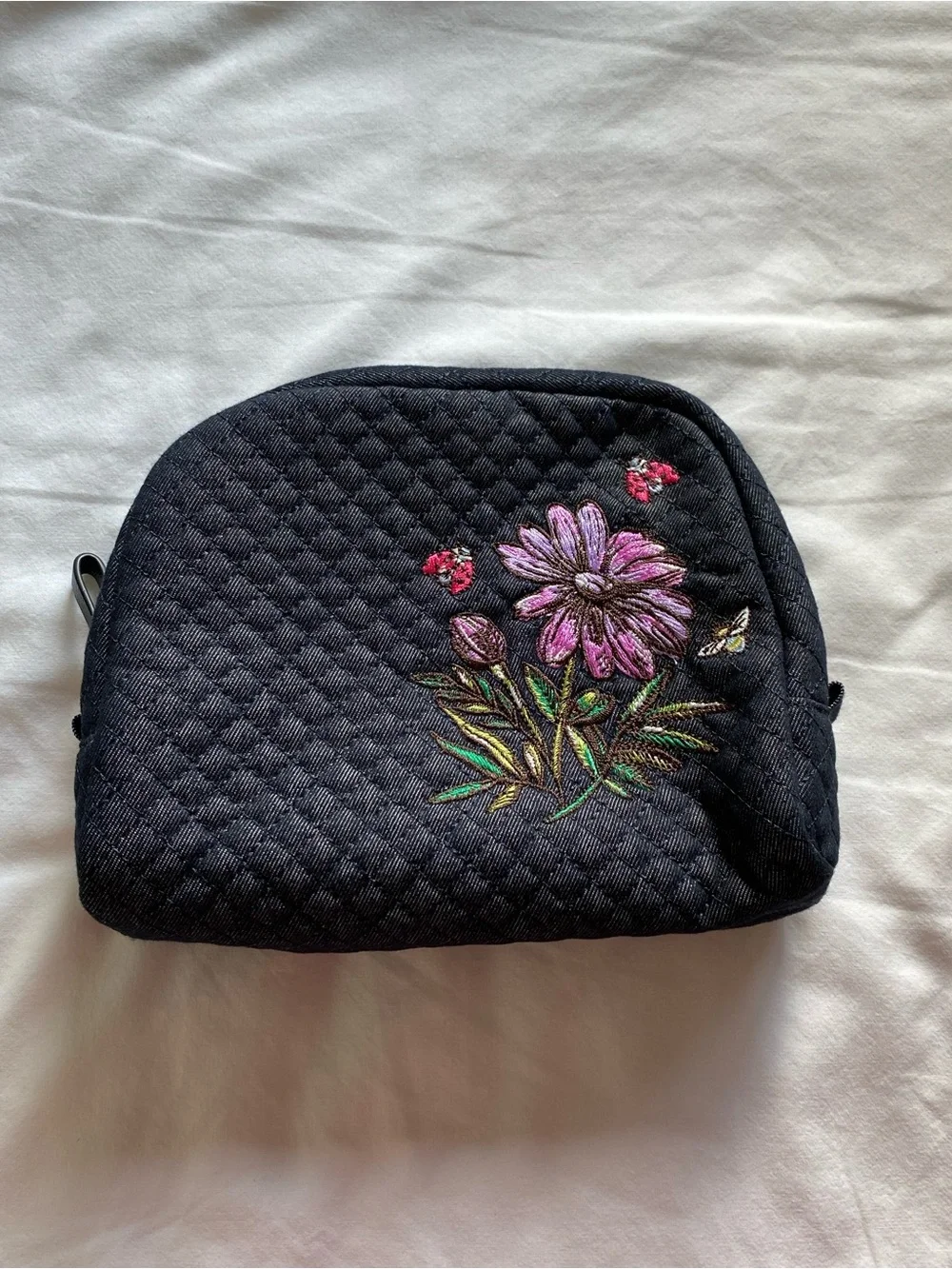 Vera Bradley Quilted Denim Navy Medium Cosmetic Case Floral & Ladybug Embroidery